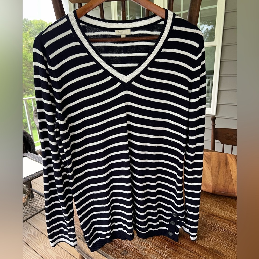 Talbots Navy Blue White Striped V-Neck Sweater Long Sleeve Button Detail Medium